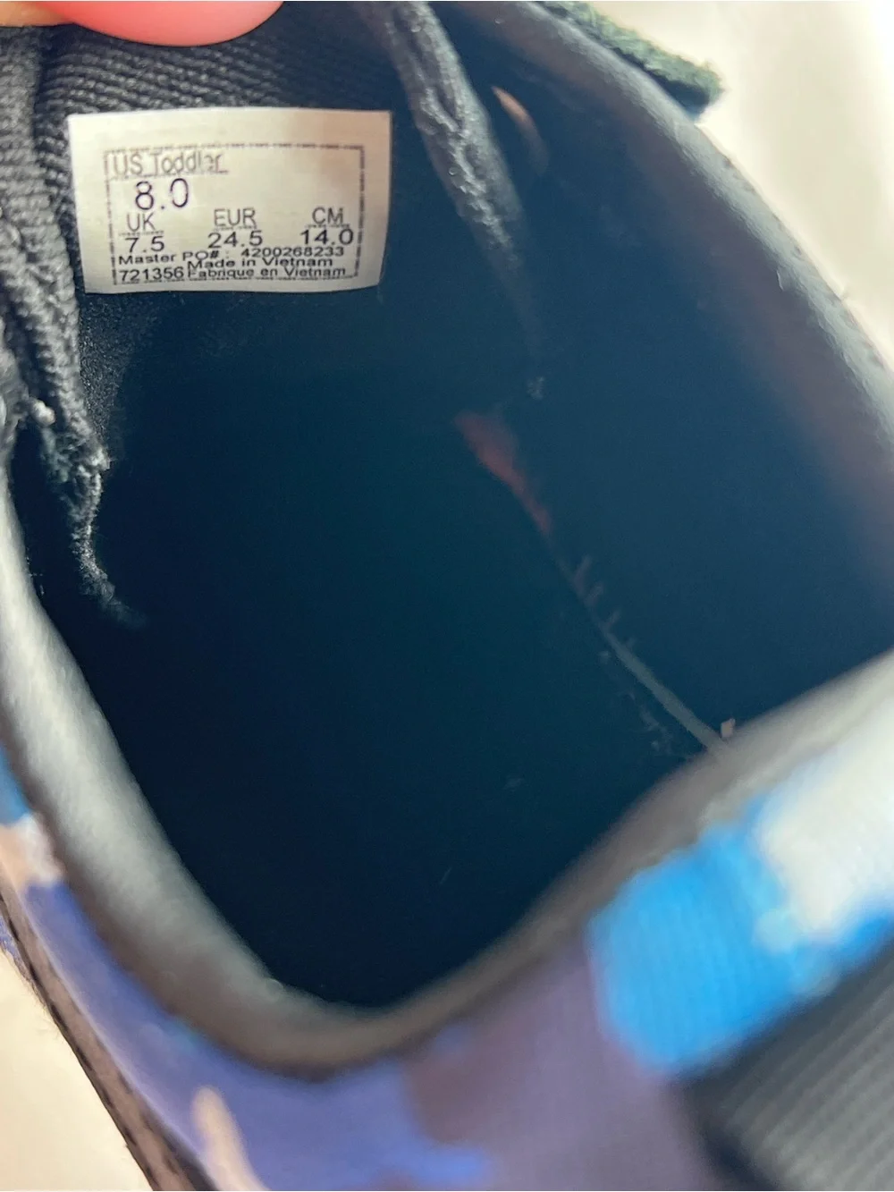 Toddler size 8 Black Sneakers with Blue Camo Accent - Velcro Closure